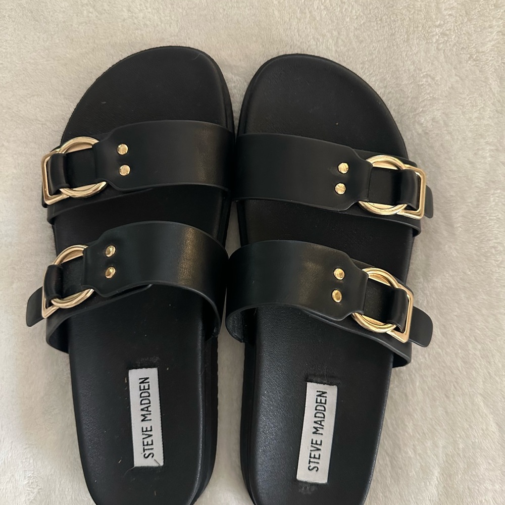 Steve Madden Black Slides with Gold Accents